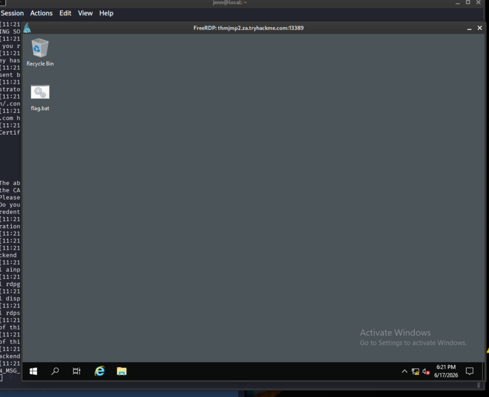 xfreerdp connecting to THMIIS via socat-forwarded port 13389 on THMJMP2